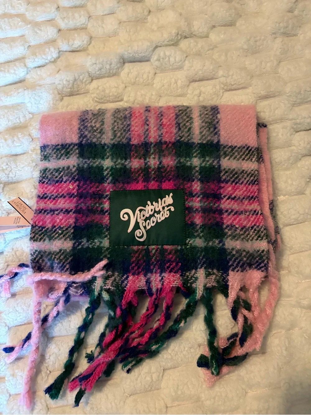 Victoria's Secret Pink and Green Plaid Fringe Scarf